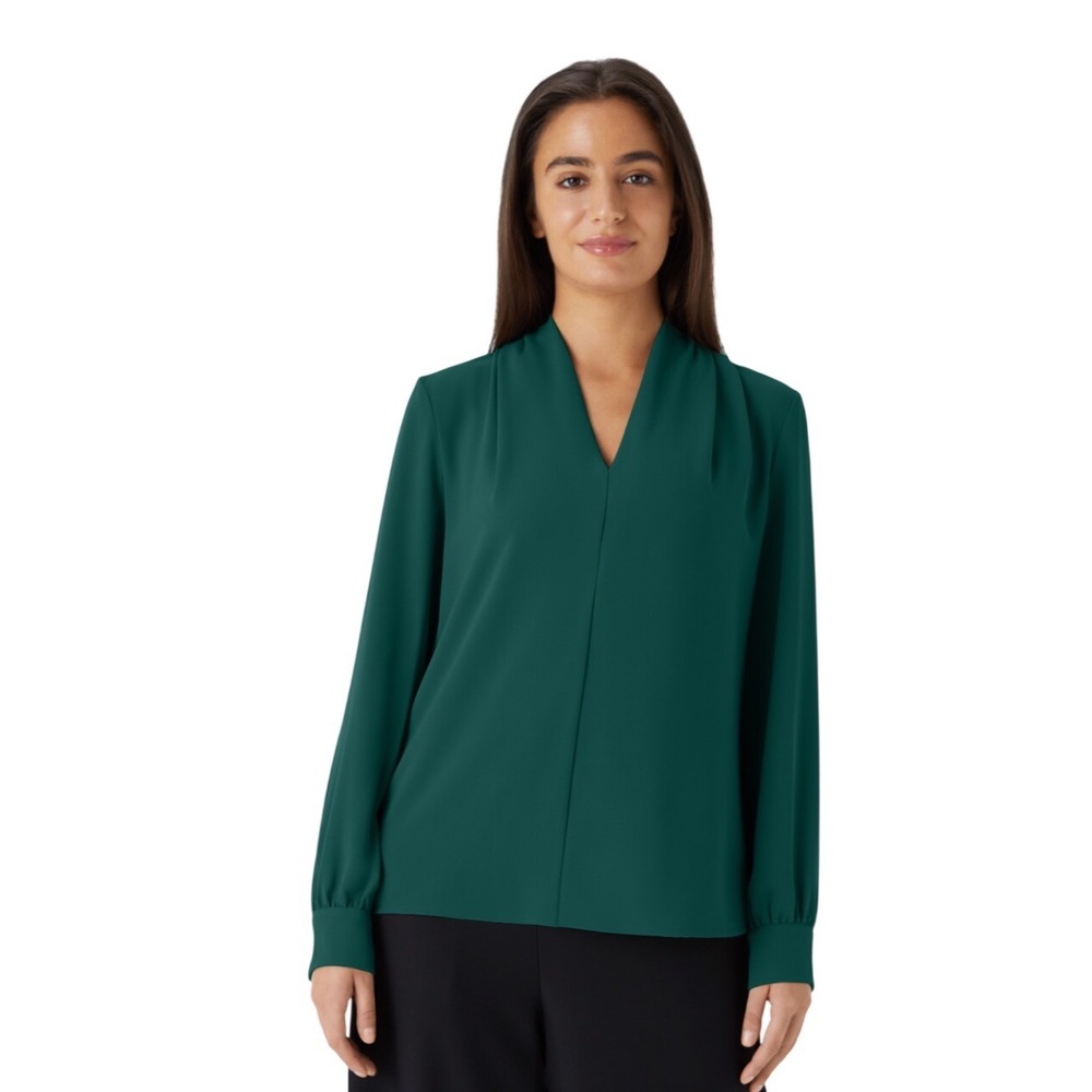 Halara Womens XL Forest Green V Neck Long Sleeve Pleated Work Blouse Top